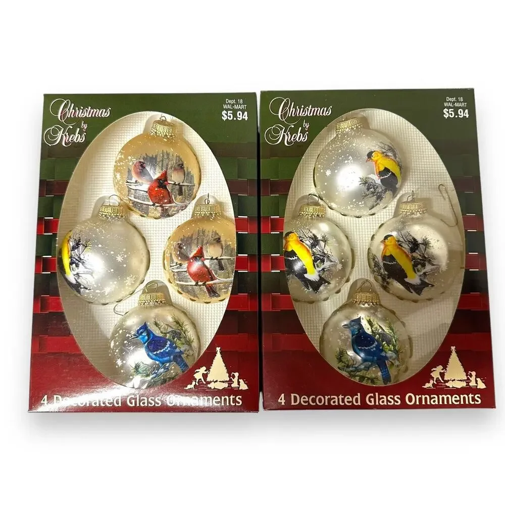 Vintage Krebs Glass Bird Ornaments 2 Sets Cardinal Blue Jay Gold Finch Wildlife